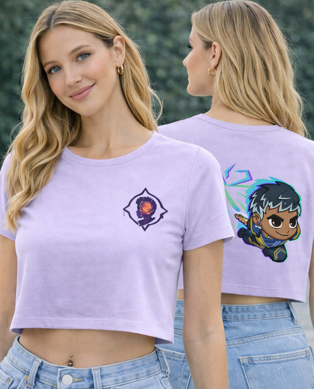 Woman wearing a light purple t-shirt with a front and back design.