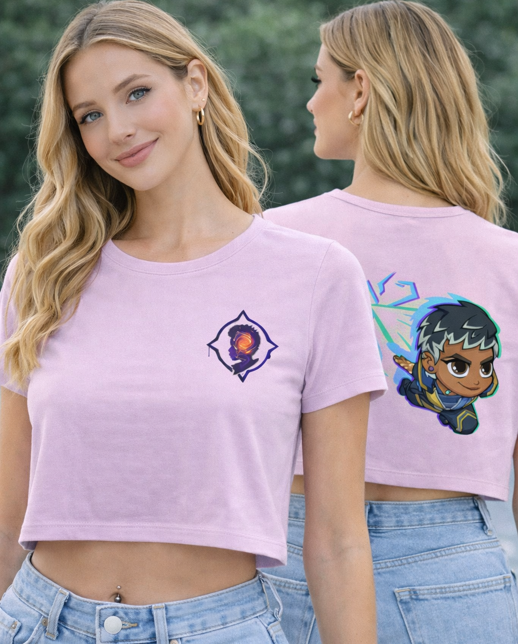 Two people wearing pink t-shirts with colorful designs, one facing forward and one showing the back.