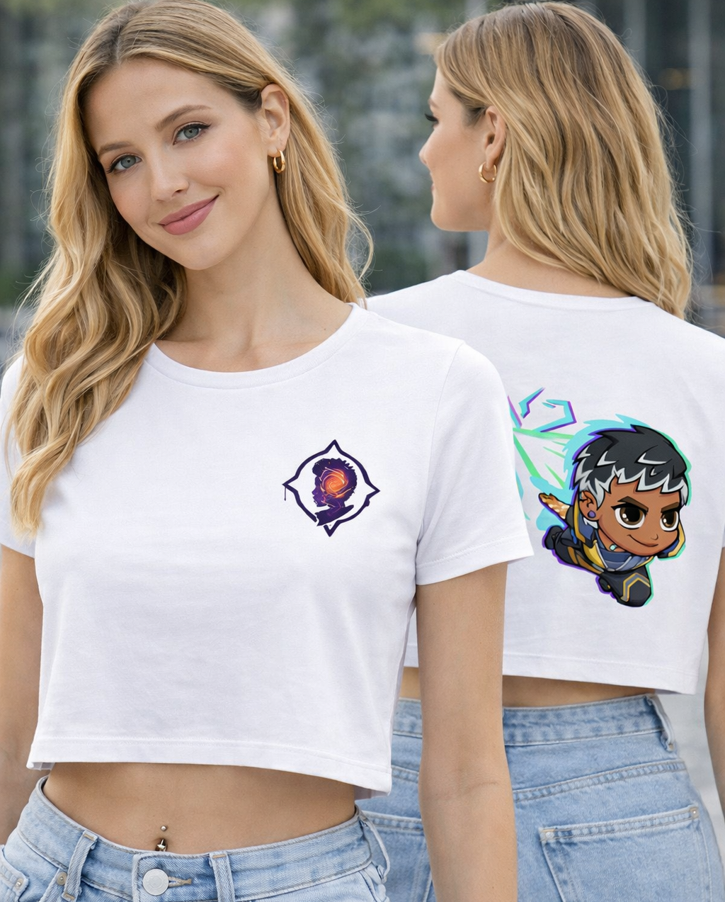 Two women wearing white crop tops with colorful designs, one facing forward and one facing backward.