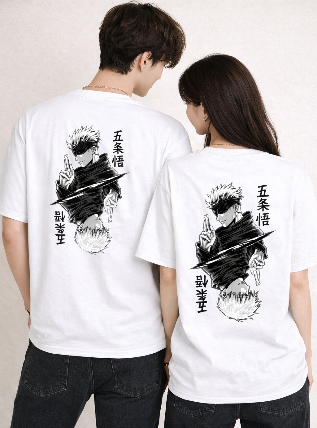 Two people wearing white t-shirts with black graphic designs and text.