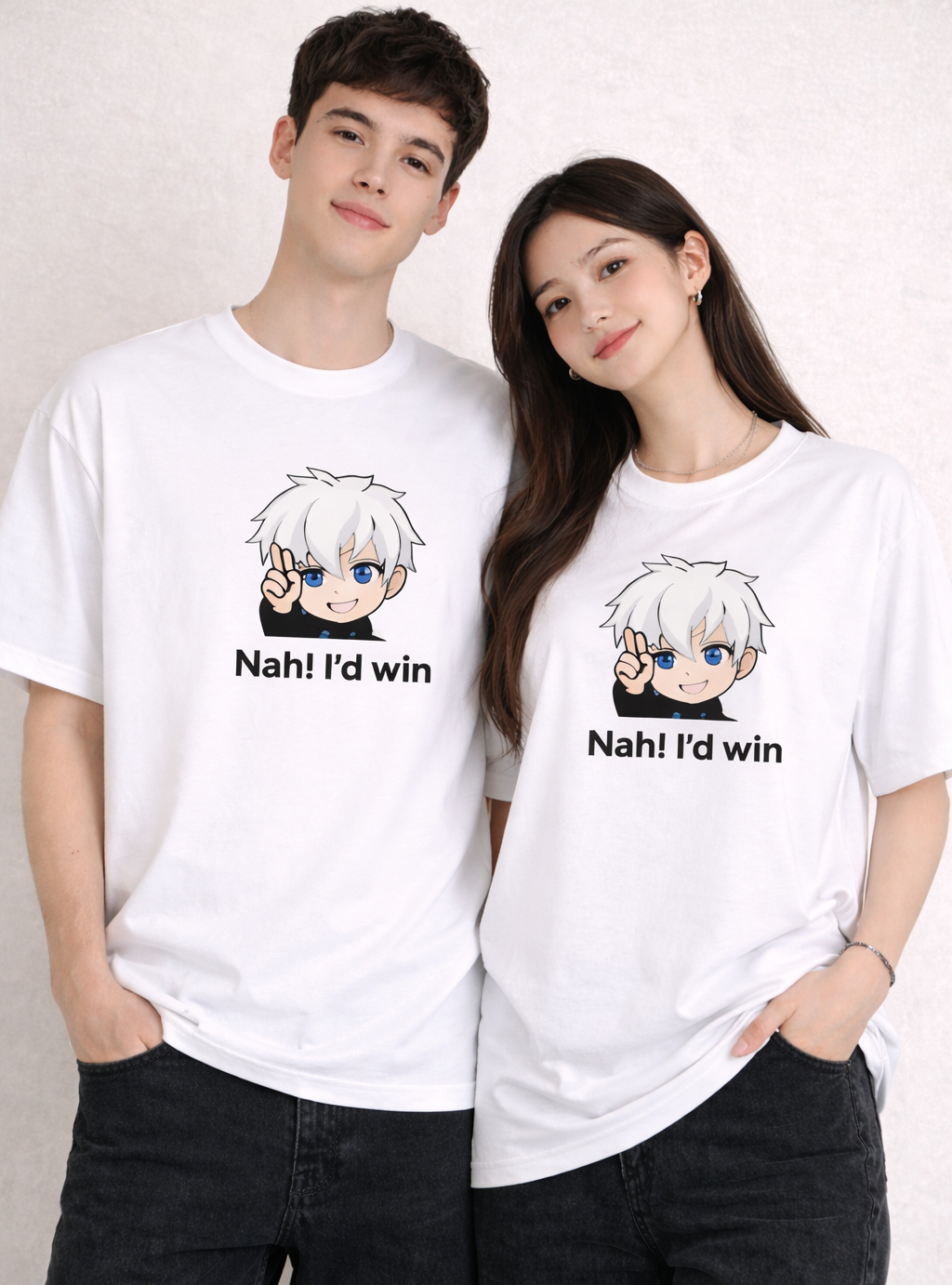 Two people wearing white t-shirts with character and text.