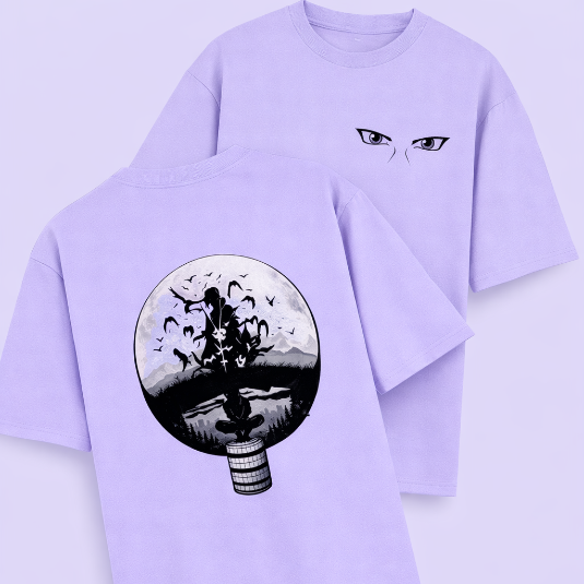 Light purple t-shirt with graphic design on a light purple background