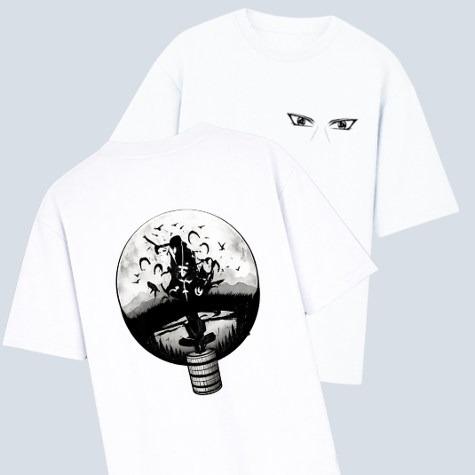 White t-shirt with black graphic design on a light gray background