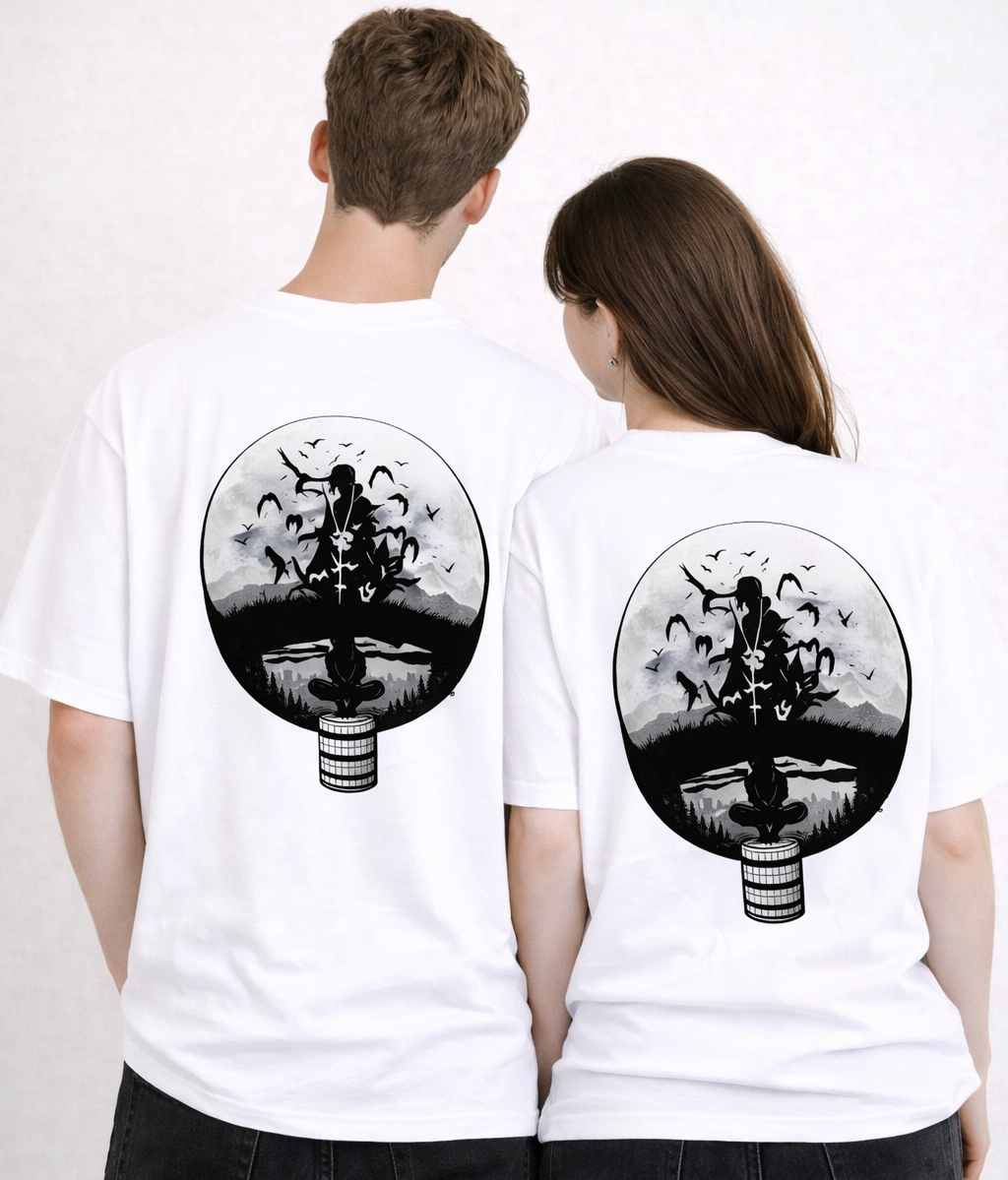 Two people wearing white t-shirts with black graphic designs
