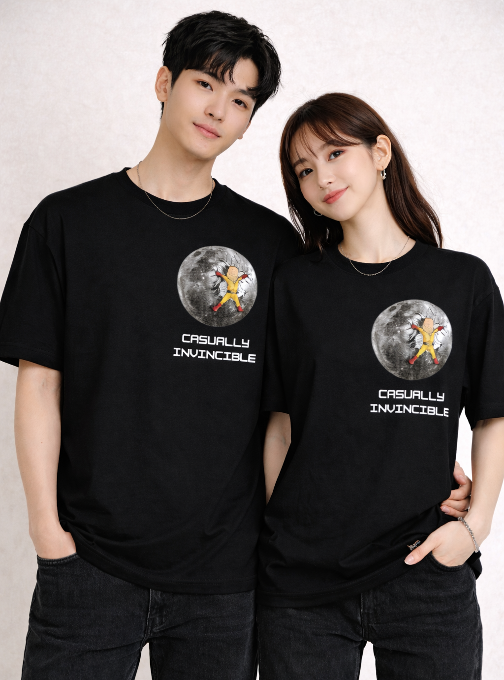 Two people wearing black t-shirts with a graphic design and text