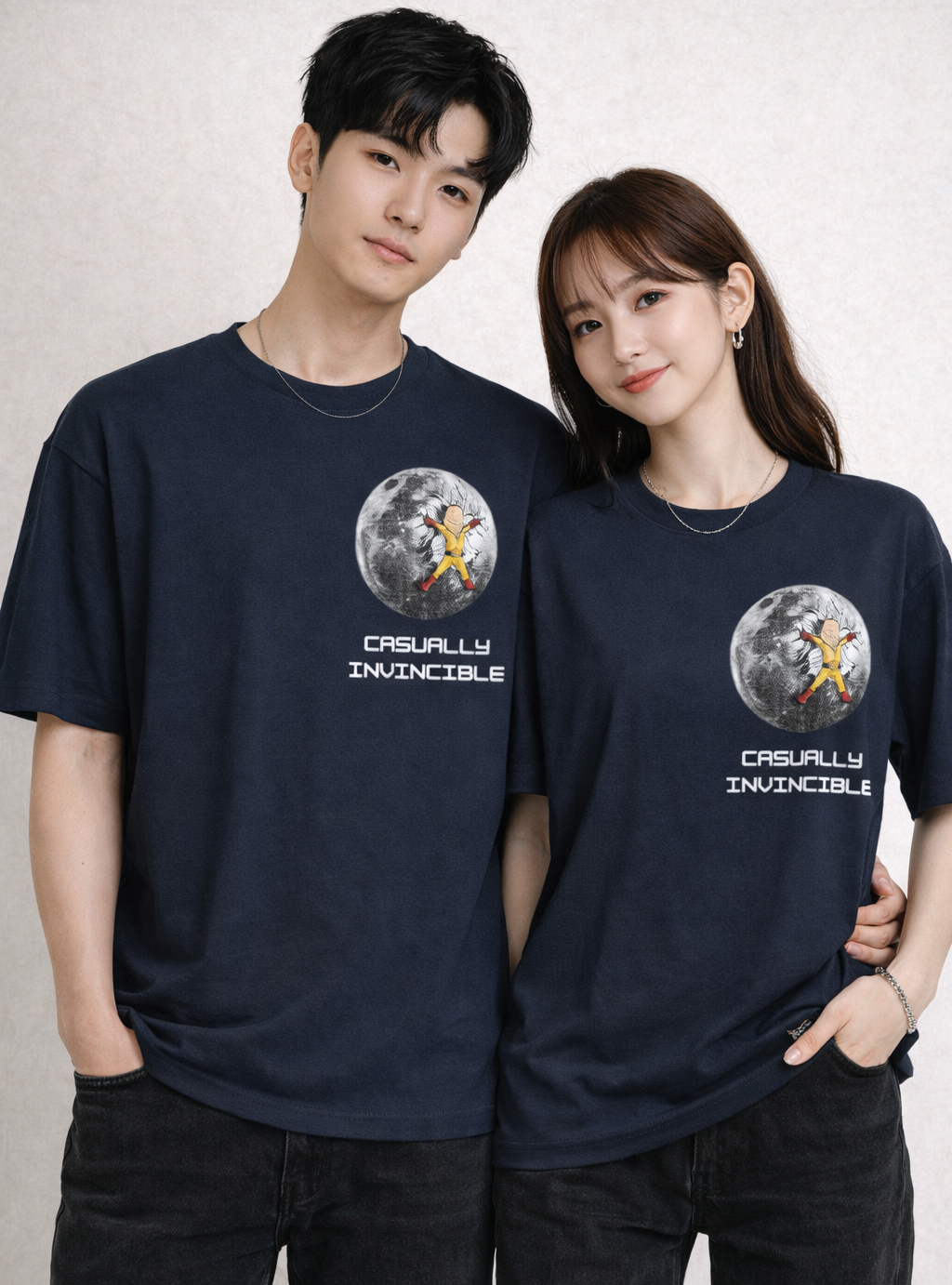 Two people wearing navy blue t-shirts with a graphic design and text